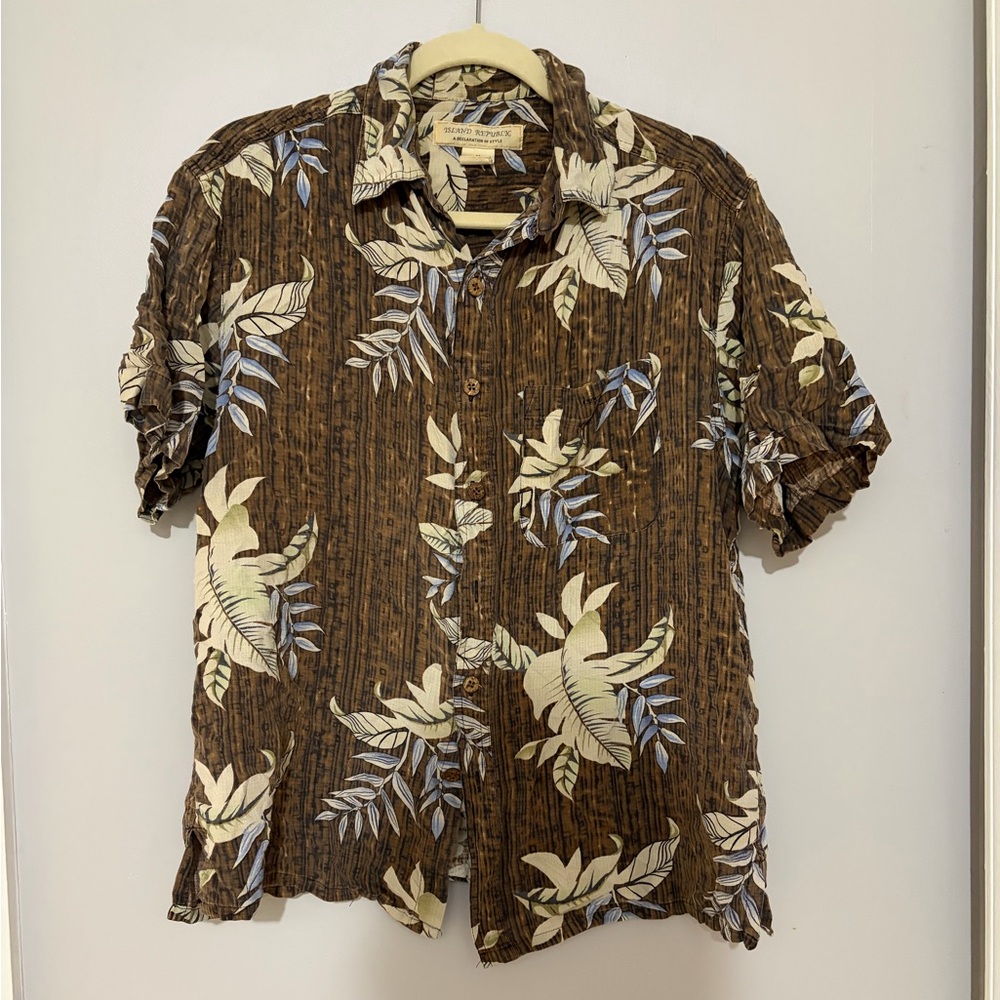 Island Republic Brown and Cream Leaf Print Shirt 100% Silk